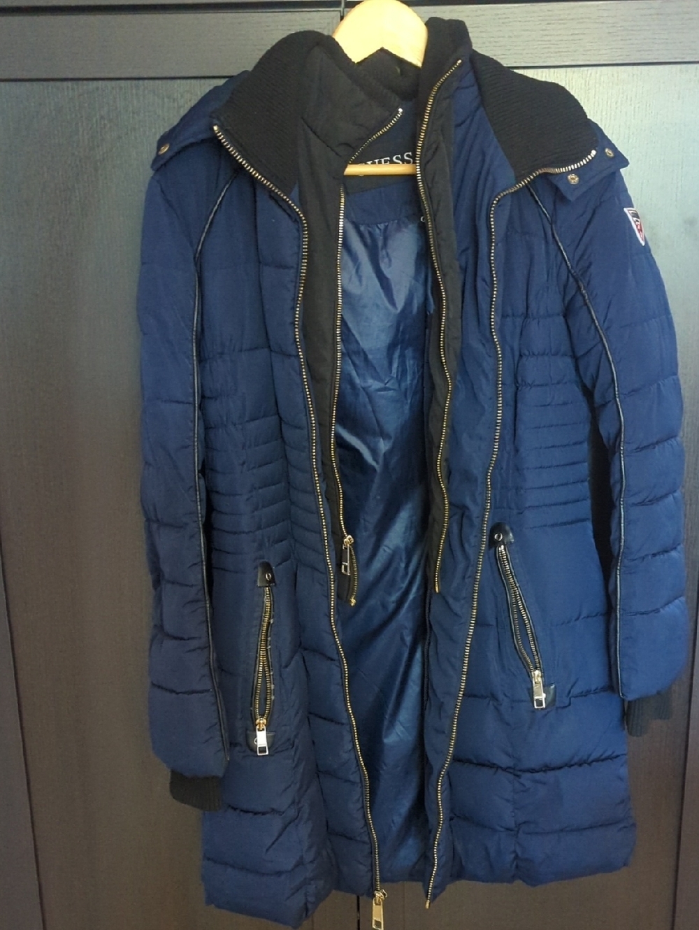 Guess 3/4 Navy Quilted Long Puffer Coat with Zip - Size M Great Condition